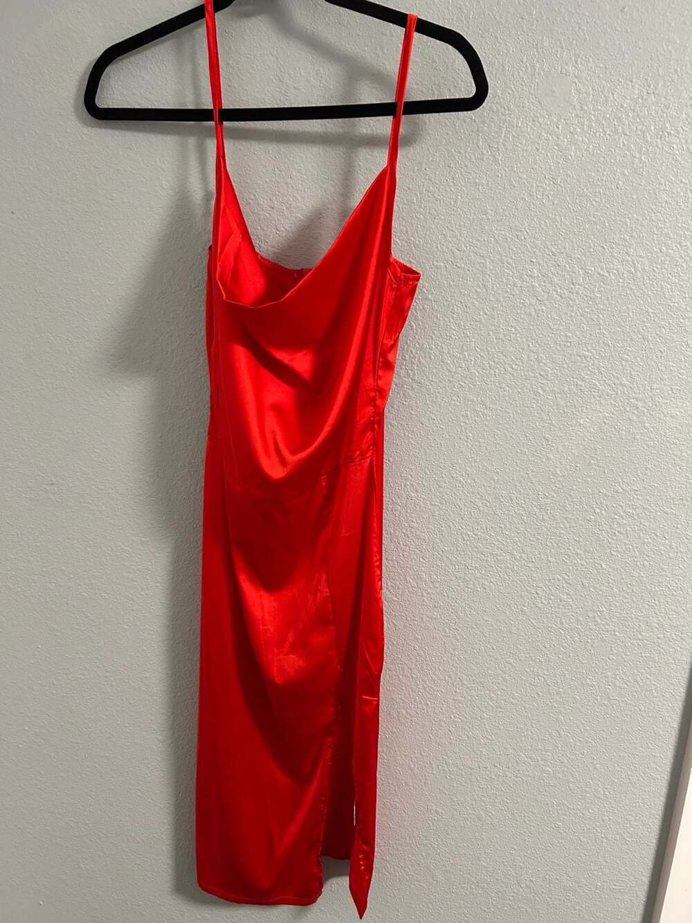 ChicMe Red Satin Midi Dress Size M Cowl Neck Slip Slit